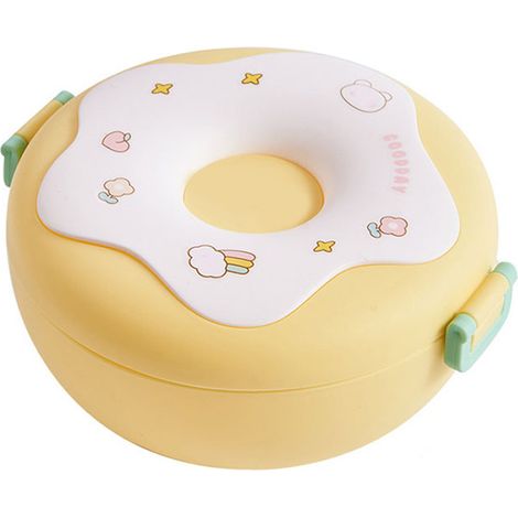 Boîte Bento Rond Donut avec Couvercle Fourchette Cuillère, Récipient Repas Chauffable Plastique pour Bureau École Jaune