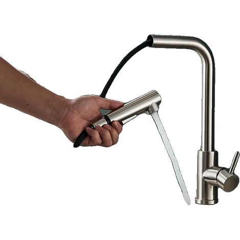 Robinet de cuisine, douchette extractible, rotation à 360°, nickel brossé (1/2)