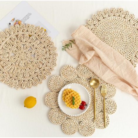 Set de table en feuille de maïs naturel style japonais, forme fleur, épais isolant thermique pour théière, casserole, diamètre 38 cm (1/5)