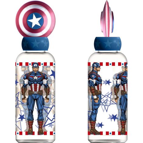 Borraccia Marvel Captain America per bambini in plastica da 560 ml con coperchio decorato e personaggi 3D.