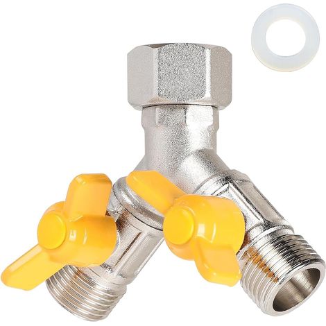 Vanne d'adaptateur 3 voies en laiton Y-Distributor 1/2" Y Adaptateur de douche pour lave-linge, salle de bain, cuisine, tuyau d'arrosage (7 x 8,5 cm) (1/5)