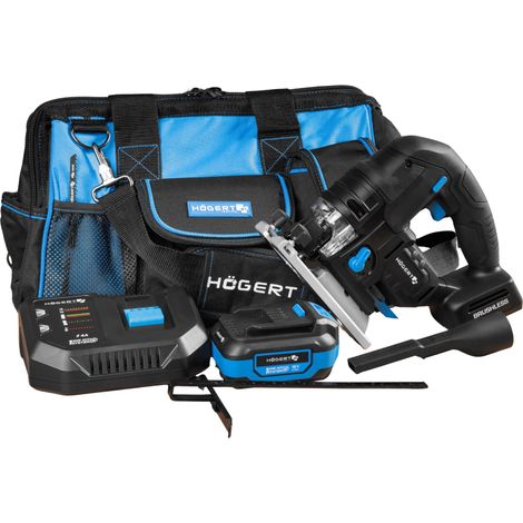 Kit complet scie sauteuse pendulaire sans fil 18V brushless avec batterie 4,0 Ah, chargeur rapide 4A, sac à outils multifonction, 0-2600 tr/min, course 26 mm (1/5)