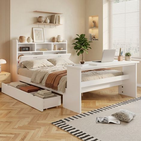 Lit ado 140x200 cm avec tiroir réversible,bureau rabattable réglable et tête de lit avec étagère,structure en bois blanc,sans matelas (1/5)