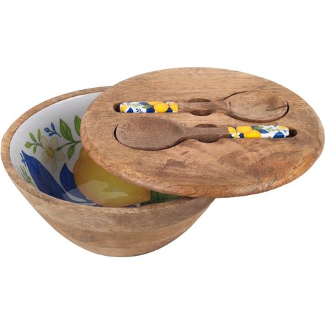 Ensaladera de madera de mango con limones y cubiertos 26 cm (1/2)