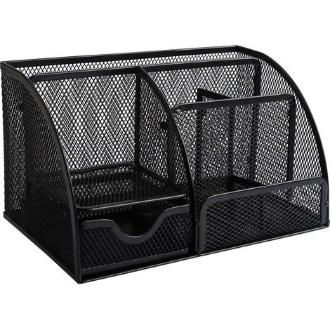 Porte-stylo avec tiroir - Bureau - Porte-stylo - Porte-stylo en maille noire - Organisateur - Porte-stylo - Métal - Noir (1/5)