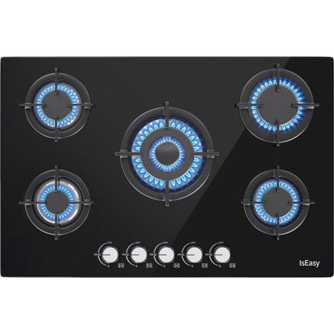 Plaque de cuisson gaz encastrable - 5 feux - Verre trempé noir - 77 x 51 cm (1/5)