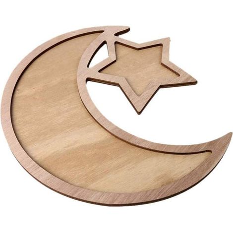 Assiette En Bois - Plateau De Service Forme De Lune Et D'étoile - Pour Décoration De Ramadan Et Eid Mubarak - 35 x 33,3 cm - 1 Pièce