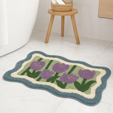 Tapis de bain tulipe violette, joli tapis de douche doux et absorbant à motif floral, tapis antidérapant (1/4)