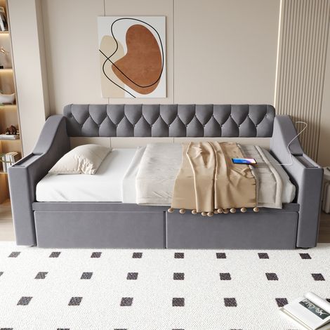Canapé convertible matelassé 90x190 cm, accoudoirs élargis et renforcés avec port USB, espaces de stockage intégrés, pochettes pratiques, tiroir de rangement, housse en velours, anthracite (1/5)