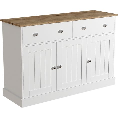 Aparador de 3 puertas y 2 cajones con textura en relieve 120 x 36 x 80,5 cm blanco y madera HOMVRA (1/5)