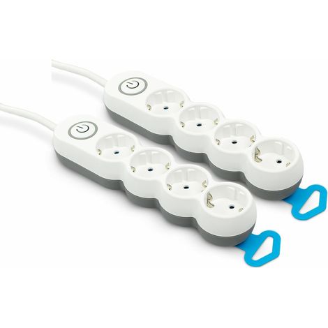 Pack de 2 Bases múltiples Garza con 4 enchufes, Cable de 1.4 Metros, Enchufe Plano, con Interruptor, Protección Infantil, Blanco