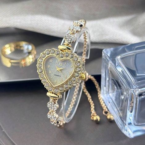 1 montre bracelet en alliage doré dégradé pour femme, boîtier cœur tendance, cadran à chiffres arabes, cordon ajustable, décoration quotidienne, cadeau idéal pour la Saint-Valentin (1/4)