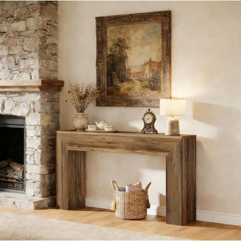 Consola de entrada rústica acanalada 160 x 30 x 85 cm de MDF marrón con patas reforzadas (1/5)