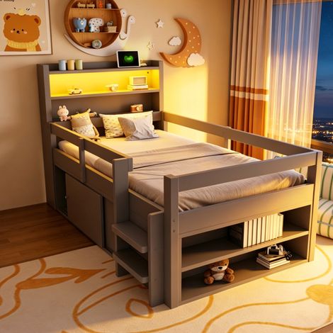 Lit enfant 90 x 200 cm,lit simple avec étagères et espace de rangement, éclairage LED et ports de charge USB, gris (1/5)