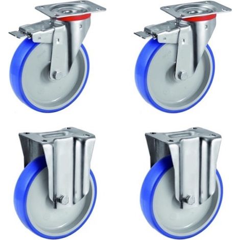 Lot de 4 roulettes pivotantes à frein et fixes polyuréthane BLEU-SOFT® 80 mm - 225 Kg (1/3)
