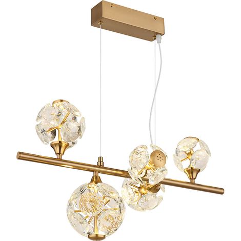Pendelleuchte Hängelampe Esstischleuchte Glas Kristalle goldfarben LED H 150 cm