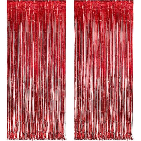Lot de 2 Rideaux à Franges Métalliques Rouges (1x2m), Décoration en Feuilles d'Or pour Noël et Fêtes