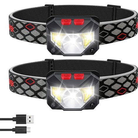 Lot de 2 lampes frontales rechargeables détecteur mouvement, LED étanches blanche/rouge, 6 modes extérieur