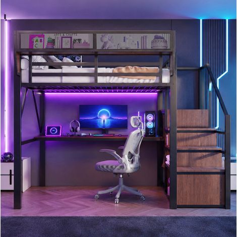 Letto a soppalco 140x200 cm con illuminazione a LED, scrivania lunga e ripiano regolabile, robusta struttura in metallo nero. (1/5)