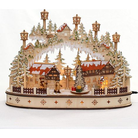 Dekohelden24 Arco a LED in legno con albero di Natale in movimento, motivo: pupazzo di neve e figure escursionistiche, lunghezza 45 x 12 x 35 cm, per batteria o adattatore, 35 cm (1/4)