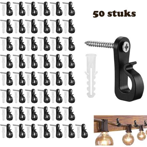 Clips para luces navideñas, 50 unidades, Ganchos de tornillo, luces navideñas LED, guirnaldas de luces y jardines, Negro (1/5)
