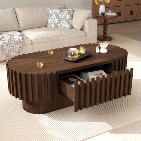 Table basse ovale avec tiroir, décor lattes verticales, table d'appoint de salon, 100x50x35,5 cm, MDF finition noyer foncé (1/5)