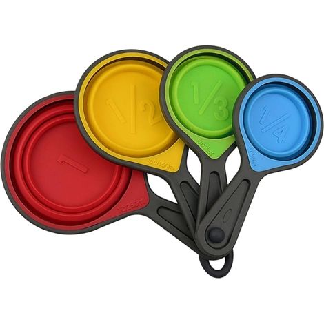 Ensemble de tasses et cuillères doseuses pliables en silicone pour un rangement efficace et écologique. (1/5)