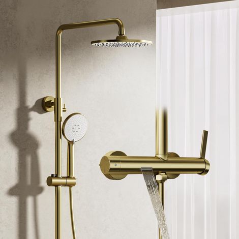 Duscharmatur Gold Duschsystem Komplettset Regendusche mit Armatur Duschsäule mit 23 cm Runder Regenduschkopf, 3-Funktion Handbrause, Einhebel-Mischbatterie für Kaltes und Warmes (1/5)