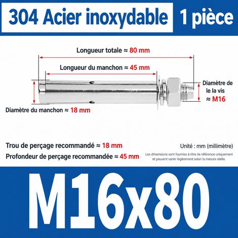 Goujon d'ancrage à expansion M16x80 mm en acier inoxydable 304 m16 80 1 pièces 1 kg – Livraison gratuite