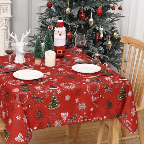 Weihnachtliche Tischdecke 132x132cm Rot Abwaschbar Wasserfest mit Rentier & Tannenbaum Motiv