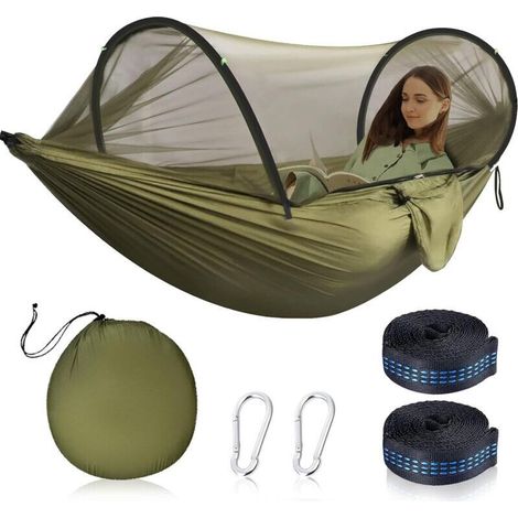 Outdoor hammock with mosquito net, Ultra-light travel and camping hammock, 200 kg maximum load, Includes 2 high-quality carabiners and 2 nylon slings, Suitable for outdoor camping (1/4)