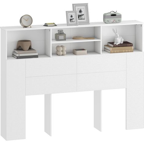Tête de lit sur pied avec rangements, accessoire de lit 4 compartiments ouverts, 140 x 19 x 103,5 cm, blanc (1/5)