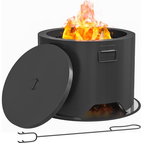 Outsunny Outdoor Round Fire Pit with Lid, Firepit with Fire Poker, Black