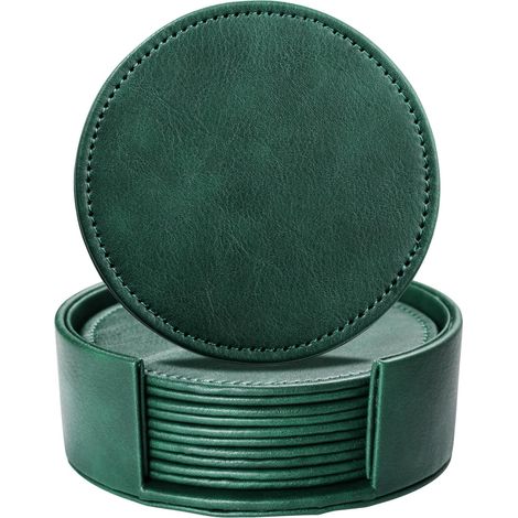 Lot de 6 Dessous de Verre en Cuir pour Boissons, 10,2 cm avec Support pour Protection de Table, Fait à la Main, décoration d'intérieur et Cadeau de Pendaison de crémaillère (Vert) (1/5)
