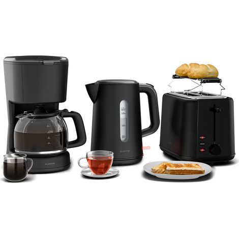 Klarstein Velaire Vollständiges Frühstücksset  Toaster 2 Scheiben mit Brötchenaufsatz, Wasserkocher 1,7L, Filterkaffeemaschine 10 Tassen, 7 Bräunungsstufen, Warmhaltefunktion, Glas-Kanne