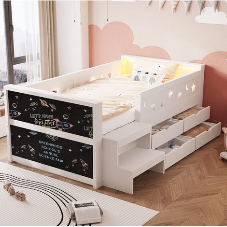 Cama infantil individual 90x200 cm con cajones, pizarra, escalón y LED blanca HAVRYA (1/5)