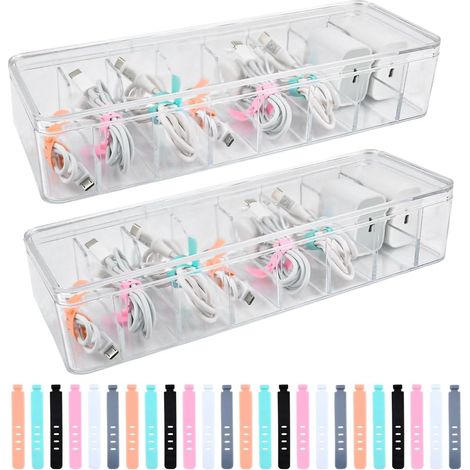 2Pcs Boîte de Rangement Câbles avec Couvercle, Boite Rangement Cable et Chargeur 8 Compartiments Boîte Rangement Câble Usb avec 24 Serre-câbles Coloré, Boîte Organisateur Câble Transparente (1/5)