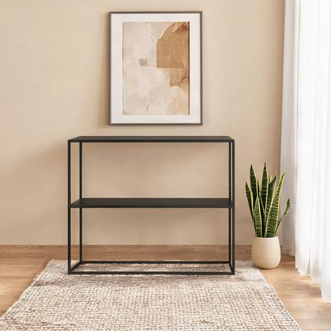 Console d'entrée en acier noir 90 x 30 x 75 cm avec 2 étagères (1/5)