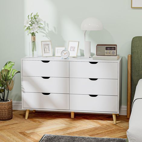 Cómoda de dormitorio de 6 cajones, cómoda moderna con tiradores tallados y patas de columna, armario de madera para salón, dormitorio y recibidor, 120x40x76 cm, blanco