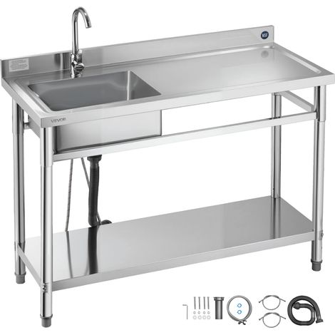 VEVOR Evier cuisine utilitaire en acier inoxydable, evier professionnel autoportant a cuve unique gauche, avec robinet, tuyau deeau chaude et froide pour garage, restaurant, buanderie, 120x50x94 cm (1/5)