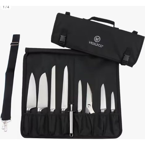 Sacoche de chef robuste à 15 emplacements enroulable, avec bandoulière, pour couteaux de cuisine portables. (1/4)