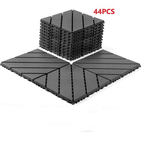 Dalles de terrasse Lot de 44 en PP Polypropylène 30,5x30,5cm Dalles de terrasse clipsables Jardin Extérieur et intérieur Amovible Pour balcons et piscines Gris foncé