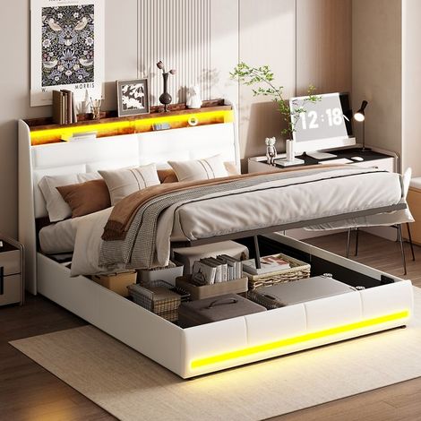 Cama Doble 140x200 - Cofre a Pistón - Cabecera LED - Almacenamiento Integrado - Diseño Minimalista
