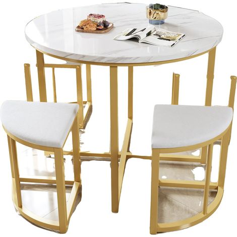 Ensemble de table à manger, plateau rond en MDF, chaises en velours, Or blanc (1/2)