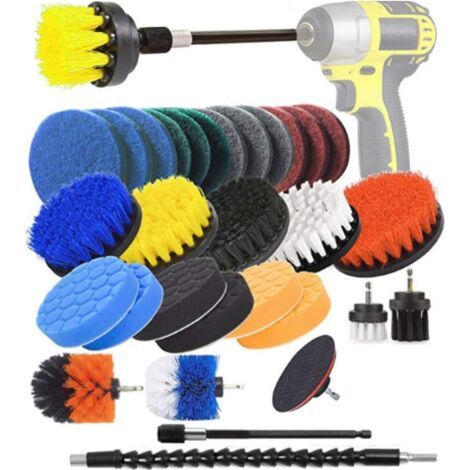 Brosse de nettoyage pour perceuse 31pcs Fixation pour brosse de perceuse Éponge et tampons à récurer avec attache longue étendue (1/5)