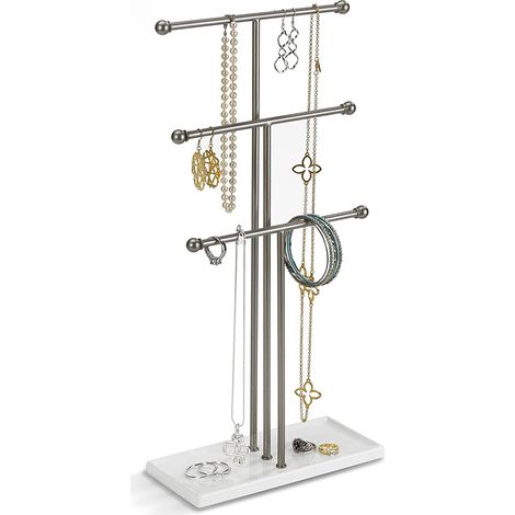 Porte-bijoux - Support 3 Niveaux Pour Colliers Avec Bac Intégré Pour Bagues Bracelets Montres Et Boucles Doreilles - Métal Blanc/Nickel - 1 Pièce (1/5)