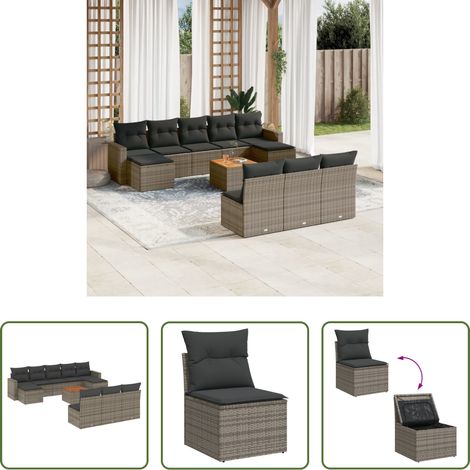 vidaXL Gartenmöbel - 11-tlg. Garten-Sofagarnitur mit Kissen Grau Poly Rattan (1/5)