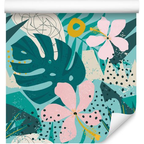 Papel pintado tropical y moderno con hojas y flores coloridas, 50x1000 cm. (1/5)