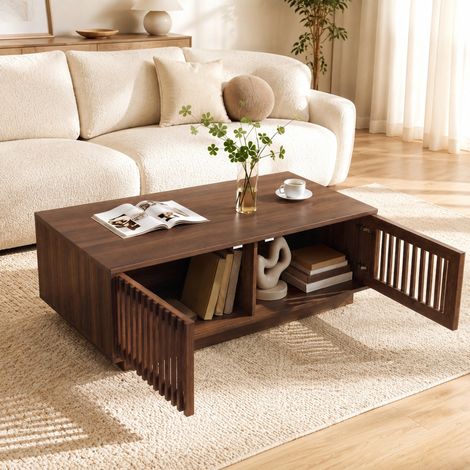 Tavolino basso rettangolare 100 x 50 x 35 cm con contenitore, 2 ante, finitura noce DESVIAE (1/5)