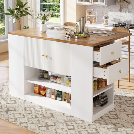 Moderne Kücheninsel 140 x 70 x 90 cm klappbar mit Stauraum, MDF und Metall, weiß HAVRYA (1/5)